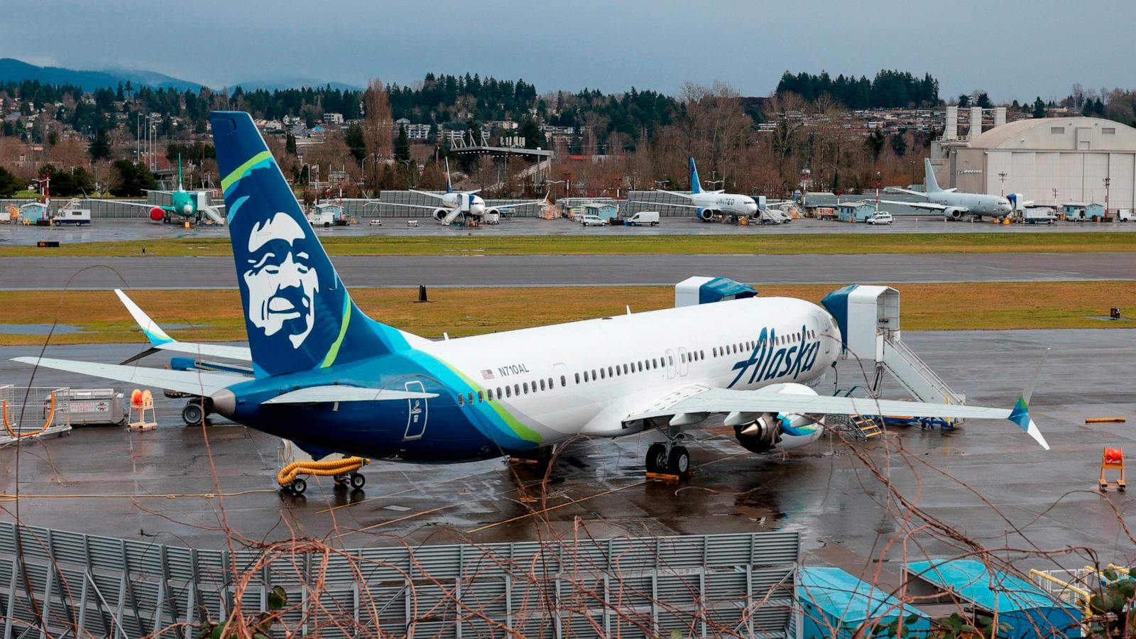 PHOTO: A Boeing 737 MAX 9 for Alaska Airlines is pictured along with other 737 aircraft at Renton Municipal Airport adjacent to Boeing's factory in Renton, Washington, on Jan. 25, 2024.