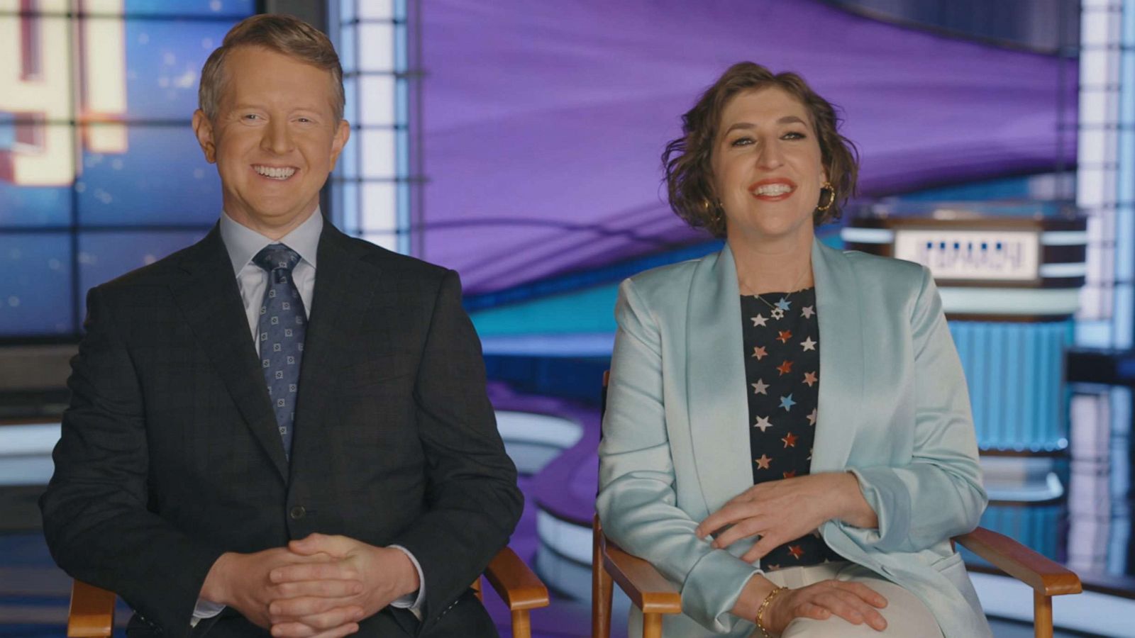 PHOTO: "Jeopardy!" co-hosts Ken Jennings and Mayim Bialik sit down with ABC News for their first joint interview.