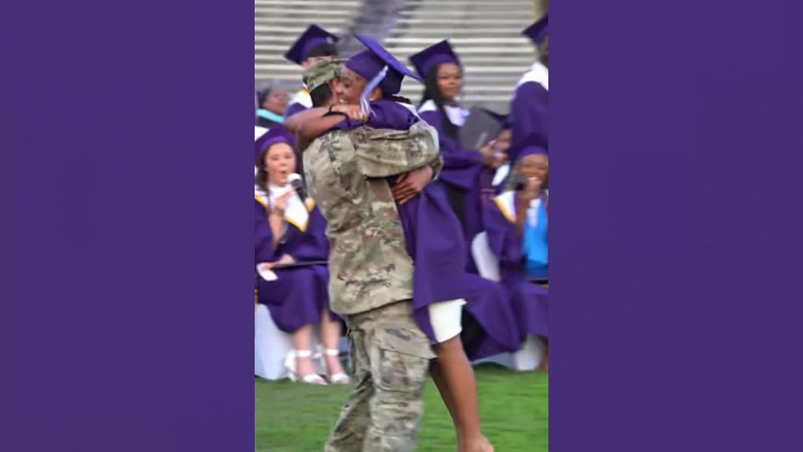 PHOTO: Brannavon Ardoin, a staff sergeant in the U.S. Army, surprised his daughter Jazlyn at her high school graduation.