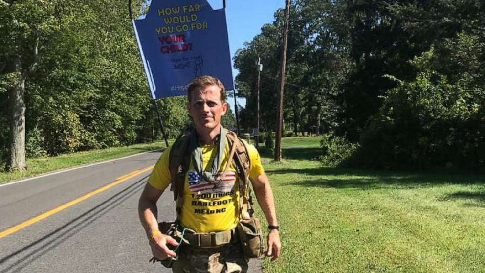 PHOTO: Chris Brannigan, 41, from England, is walking 1,200 miles from Maine to North Carolina barefoot to fund the first-ever CdLS gene therapy for his daughter Hasti, 9.