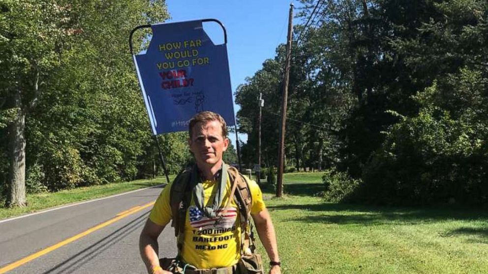 PHOTO: Chris Brannigan, 41, from England, is walking 1,200 miles from Maine to North Carolina barefoot to fund the first-ever CdLS gene therapy for his daughter Hasti, 9.