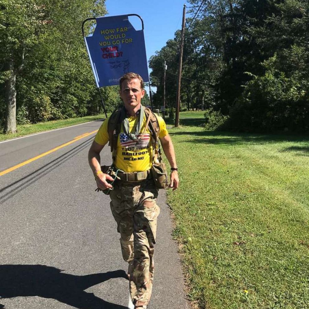 VIDEO: Chris Brannigan, known as the Barefoot Soldier, is walking from Maine to North Carolina to raise funds for gene therapy for his daughter’s rare genetic disorder. 