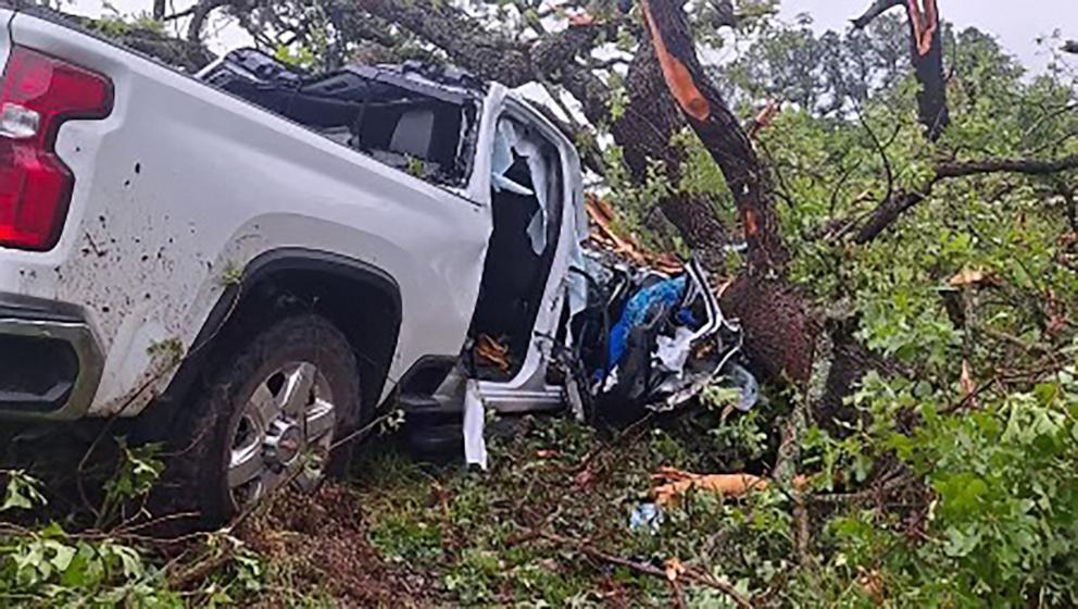 PHOTO: The tornado picked up the truck and tossed it into a pile of trees.