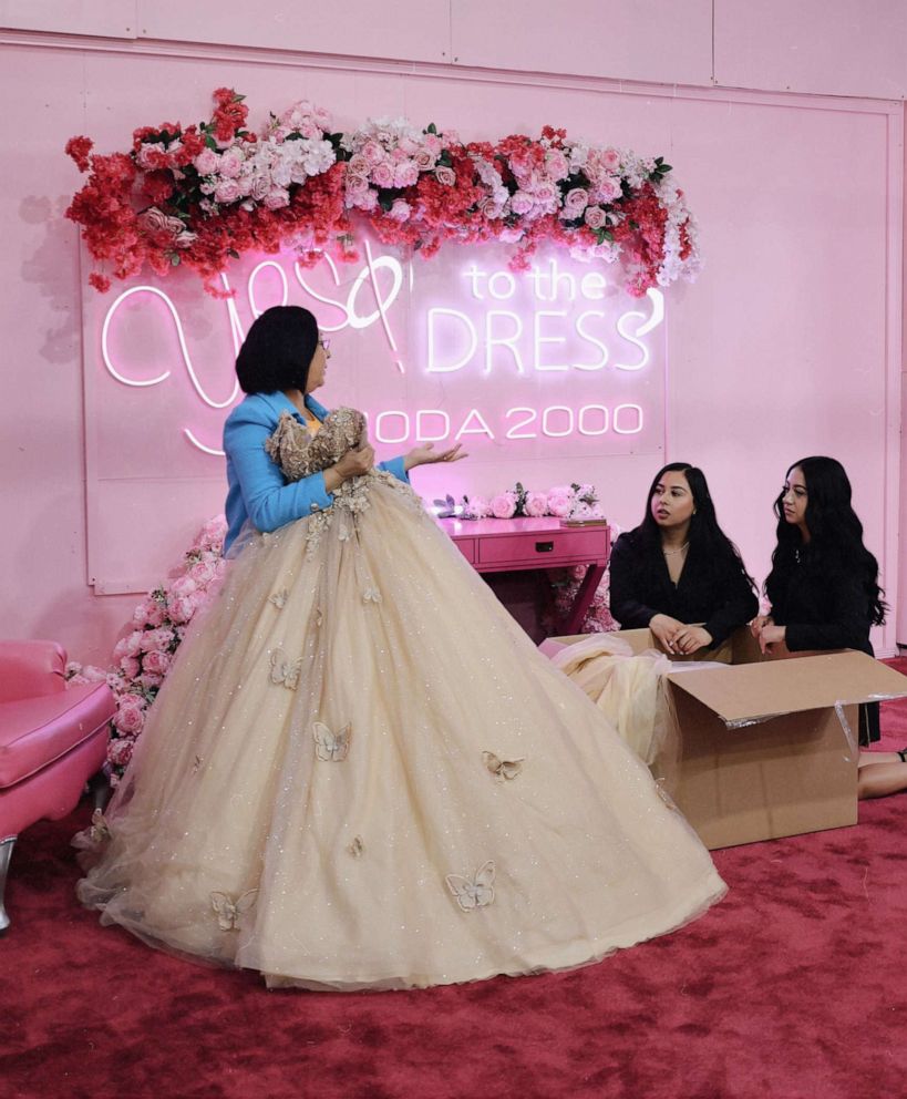 PHOTO: Gina Rodriguez (left) critiques a new quinceañera dress design with her daughters Gelssy (middle) and Gipsy (right) at their store.