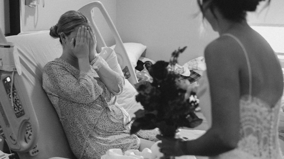 PHOTO: On the morning of her June 8 wedding, Arielle deNeergaard surprised her matron of honor Christine West at the hospital after West gave birth to her first child on June 6.