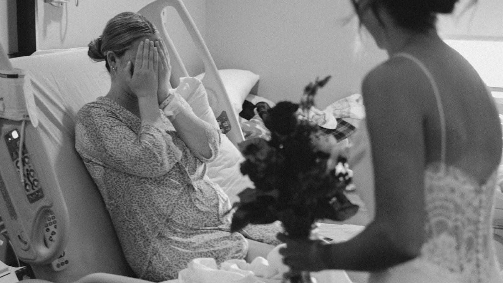 PHOTO: On the morning of her June 8 wedding, Arielle deNeergaard surprised her matron of honor Christine West at the hospital after West gave birth to her first child on June 6.