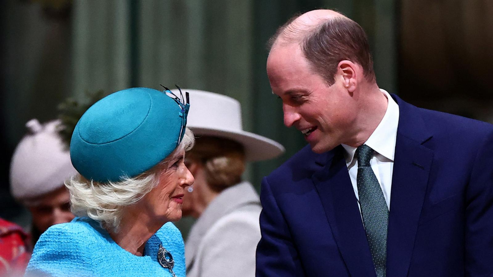 PHOTO:Britain's Queen Camilla and Britain's Prince William, Prince of Wales speak together as they attend an annual Commonwealth Day service ceremony at Westminster Abbey in London, Mar. 11, 2024.