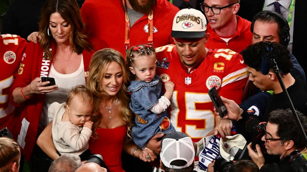 PHOTO: Kansas City Chiefs' quarterback #15 Patrick Mahomes with his wife Brittany Mahomes and their children Patrick Bronze and Sterling Skye celebrate winning Super Bowl LVIII in Las Vegas, Nev., Feb. 11, 2024. 