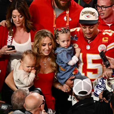 PHOTO: Kansas City Chiefs' quarterback #15 Patrick Mahomes with his wife Brittany Mahomes and their children Patrick Bronze and Sterling Skye celebrate winning Super Bowl LVIII in Las Vegas, Nev., Feb. 11, 2024. 