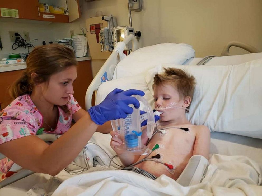 PHOTO: Adam Leeson, 5, recovers at Peyton Manning Children’s Hospital in Indianapolis, Indiana after he was rescued from a swimming pool.
