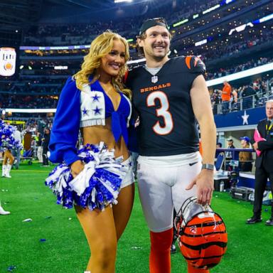 PHOTO: Cincinnati Bengals kicker Cade York takes a photo with his Dallas Cowboys cheerleader girlfriend Zoe Dale after the game against the Dallas Cowboys at AT&T Stadium, Arlington, Tx., Dec. 9, 2024.