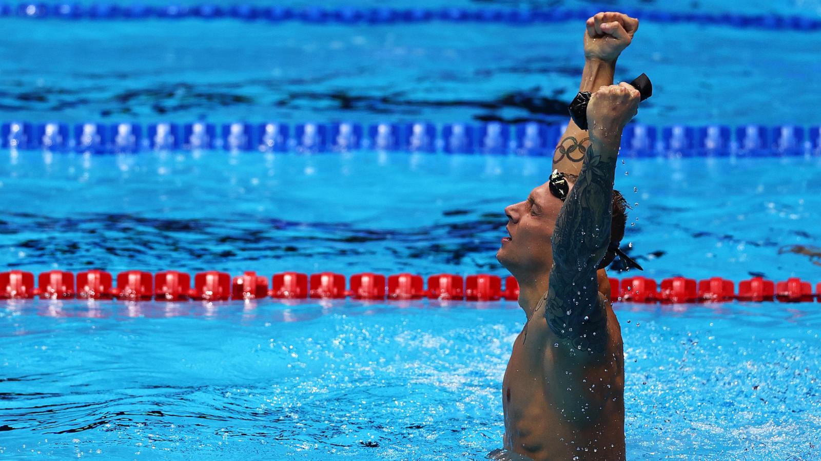 PHOTO: Caeleb Dressel of the United States reacts after winning the Men's 100m butterfly final on Day Eight of the 2024 U.S. Olympic Team Swimming Trials at Lucas Oil Stadium, June 22, 2024, in Indianapolis.