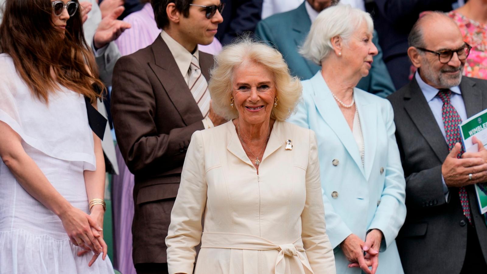 PHOTO: Britain's Queen Camilla arrives on Centre Court ahead of the quarterfinal match Elena Rybakina of Kazakhstan and Elina Svitolina of Ukraine at the Wimbledon tennis championships in London, July 10, 2024.