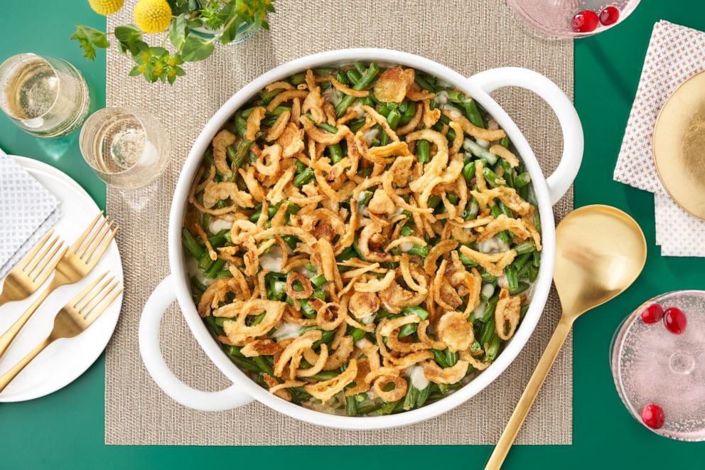 PHOTO: Crispy fried onions on top of a green bean casserole for Thanksgiving.