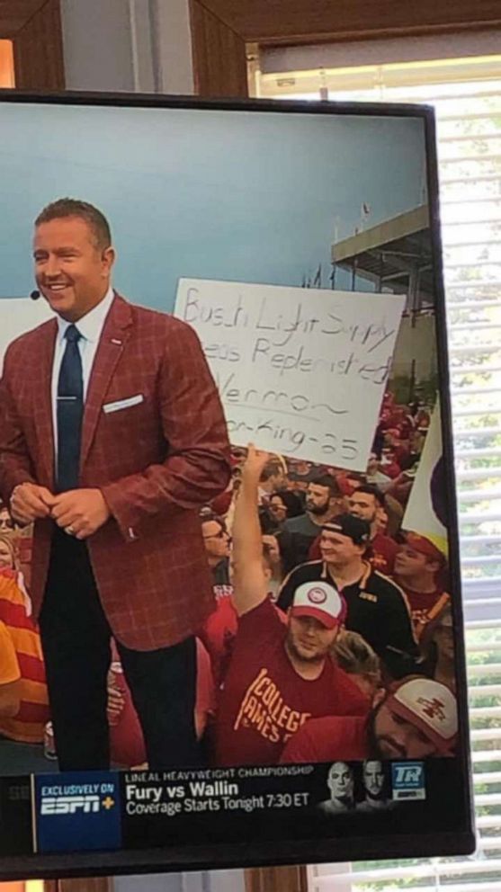 PHOTO: Carson King waved a sign that read "Busch Light Supply Needs Replenished" during ESPN's "College GameDay." 
