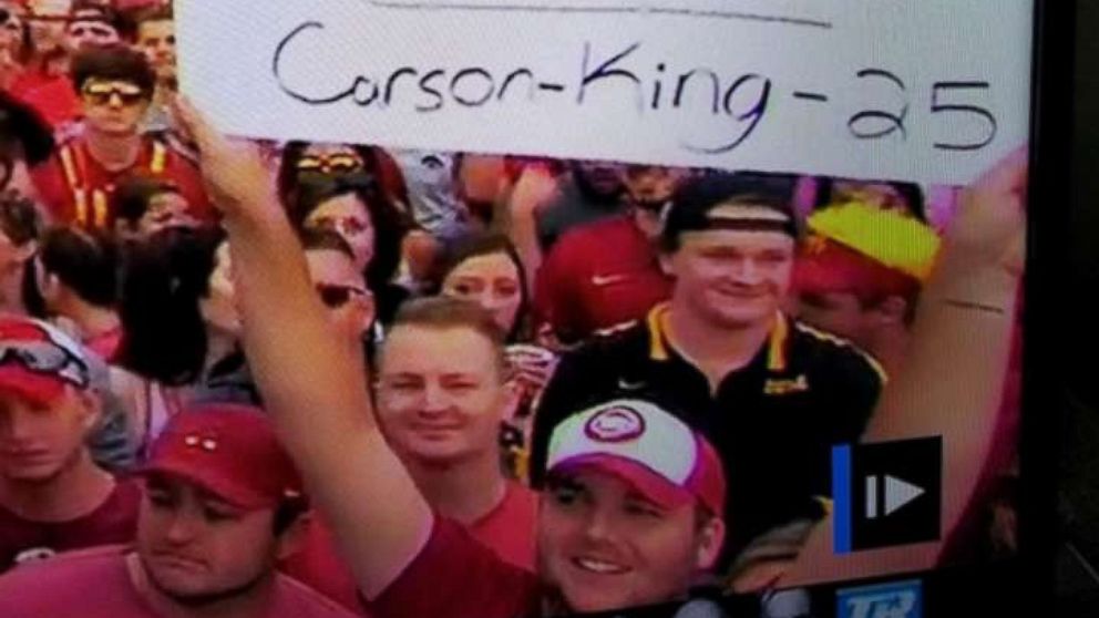 PHOTO: Carson King waved a sign that read "Busch Light Supply Needs Replenished" during ESPN's "College GameDay."