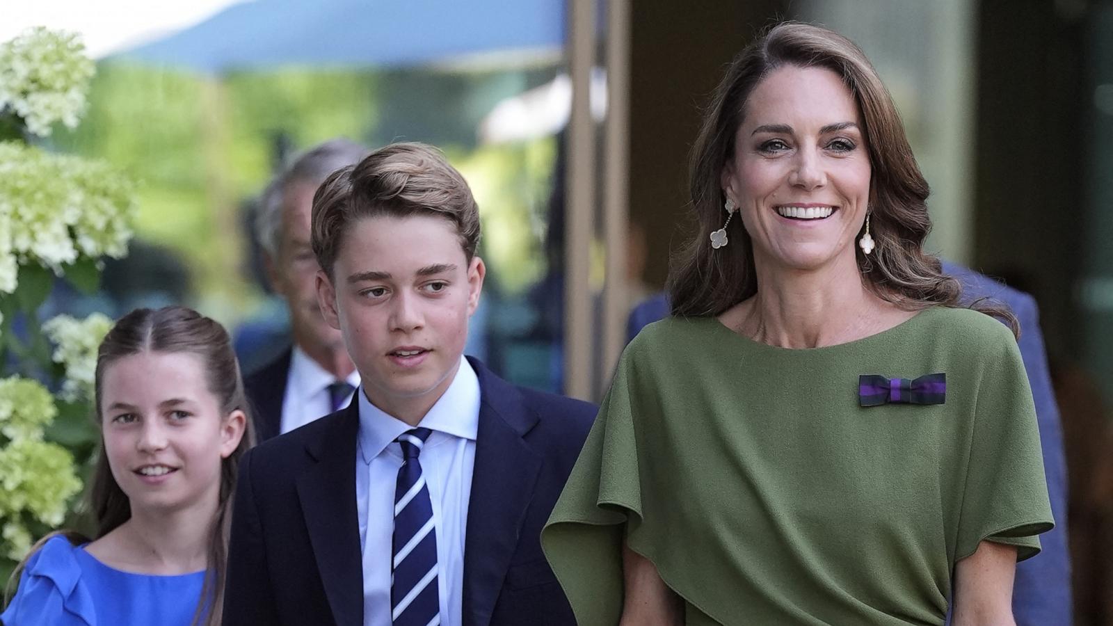 Britain's Catherine, Princess of Wales (R), Britain's Prince George of Wales (C) and Britain's Princess Charlotte of Wales arrive on the last day of the 2026 Wimbledon Championships in Wimbledon, southwest London, on July 12, 2026.