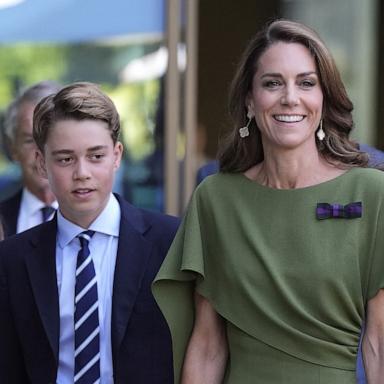 Britain's Catherine, Princess of Wales (R), Britain's Prince George of Wales (C) and Britain's Princess Charlotte of Wales arrive on the last day of the 2026 Wimbledon Championships in Wimbledon, southwest London, on July 12, 2026. 