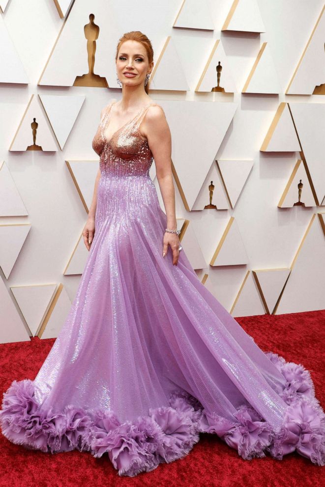 PHOTO: Jessica Chastain poses on the red carpet during the Oscars arrivals at the 94th Academy Awards in Hollywood, Calif., March 27, 2022. 