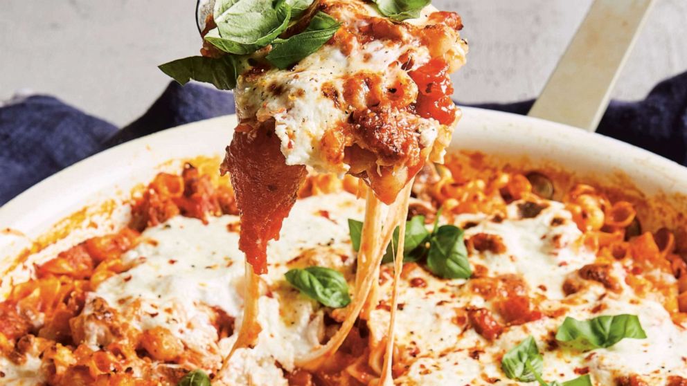 PHOTO: Cheesy baked pasta with tomato, sausage and ricotta.