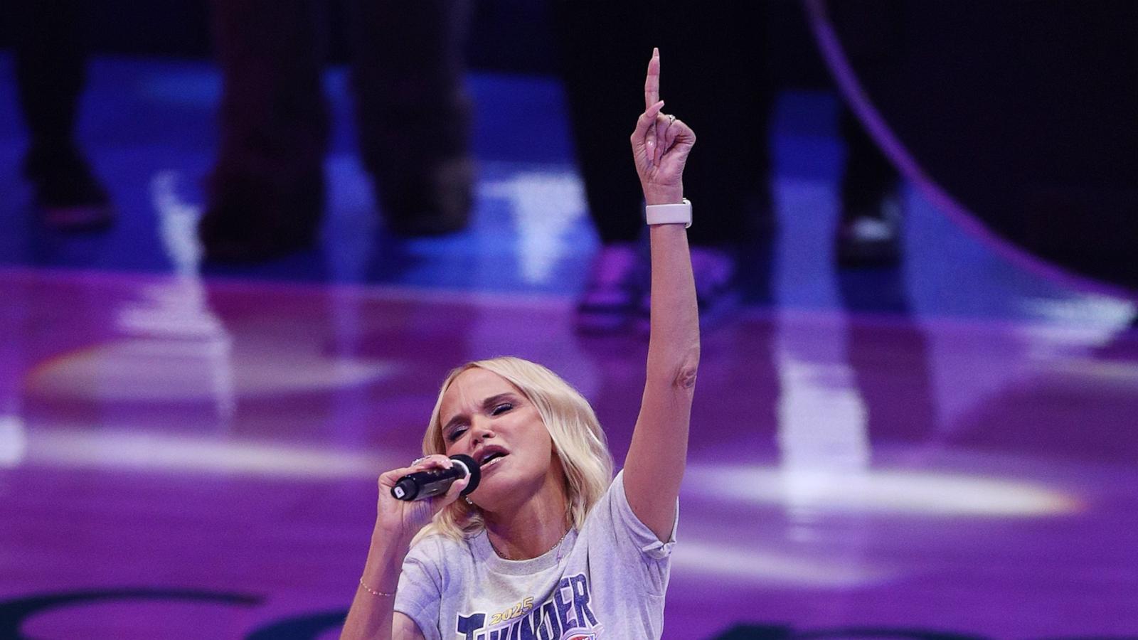 PHOTO: Kristin Chenoweth sings the national anthem prior to Game Seven of the 2025 NBA Finals between the Oklahoma City Thunder and the Indiana Pacers at Paycom Center, June 22, 2025, in Oklahoma City.