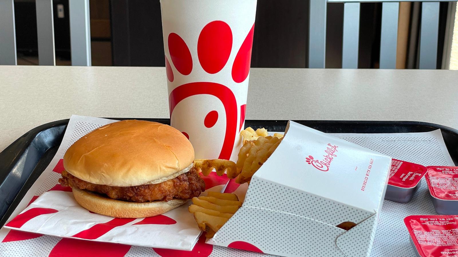 PHOTO: In this photo illustration, a Chick-fil-A meal is displayed at a Chick-fil-A restaurant in Novato, CA, June 01, 2023.