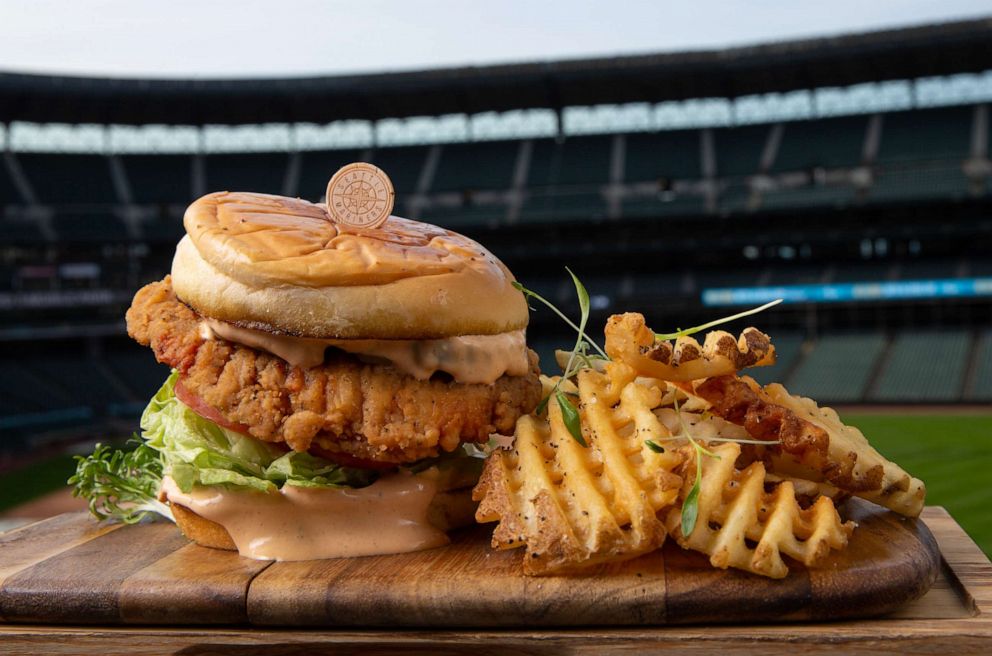 PHOTO: Chick Chick Boom chicken sandwich and waffle fries at T-Mobile Park.