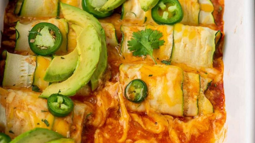 PHOTO: A pan of easy-to-make rotisserie chicken stuffed zucchini "enchiladas."