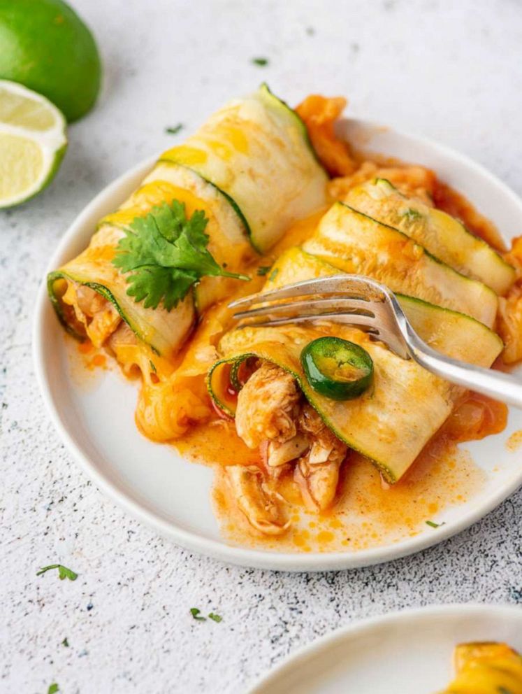 PHOTO: A plate of rotisserie chicken stuffed zucchini "enchiladas."