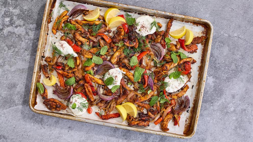 PHOTO: A sheet pan of chicken shawarma.