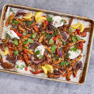 PHOTO: A sheet pan of chicken shawarma.