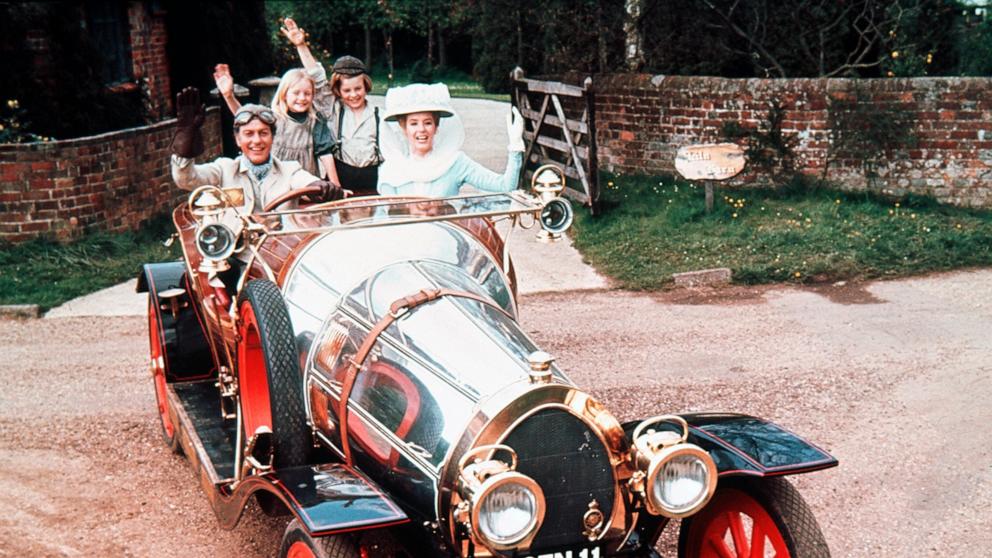 PHOTO: Dick Van Dyke, Heather Ripley, Adrian Hall and Sally Ann Howes sit waving from their seats in the car, in a publicity portrait issued for the film, "Chitty Chitty Bang Bang," 1968.