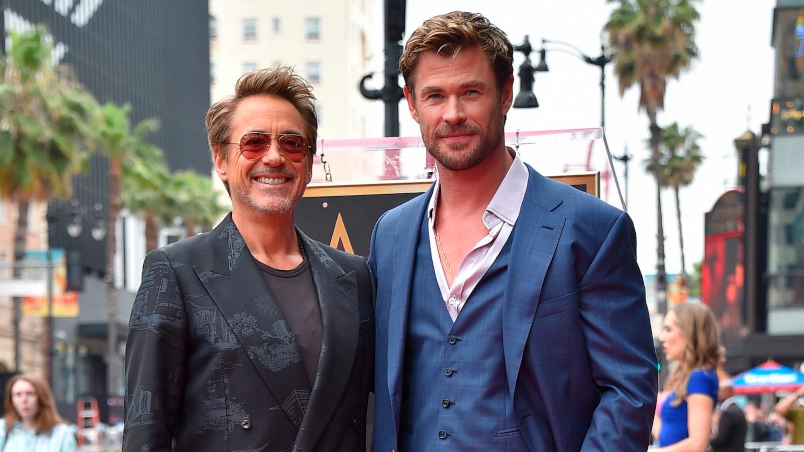 PHOTO: Robert Downey Jr., and Chris Hemsworth attend a ceremony honoring Hemsworth with a star on the Hollywood Walk of Fame May 23, 2024, in Los Angeles.