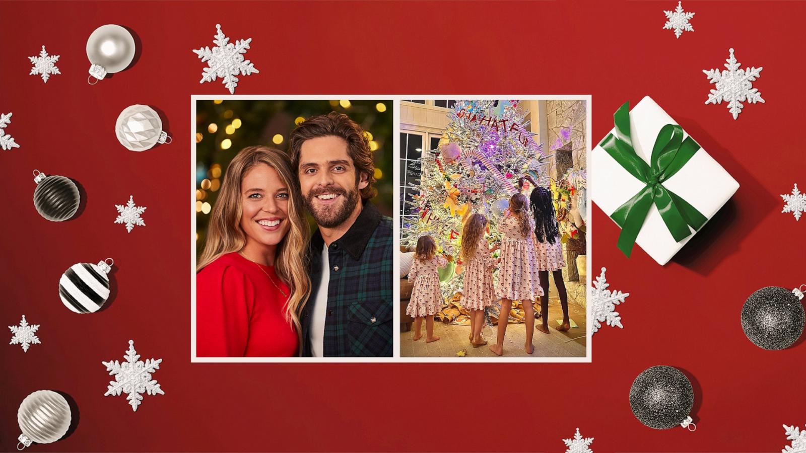 PHOTO: Thomas Rhett and wife Lauren Akins pictured (left) next to a photo shared to Akins' Instagram on Nov. 24, 2023, of their daughters standing in front of the family Christmas tree (right).