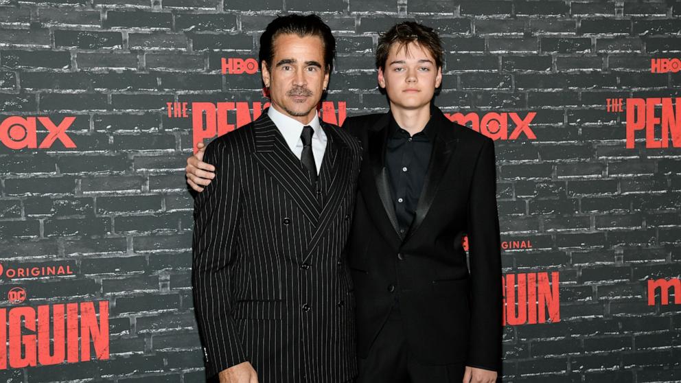 PHOTO: Colin Farrell and Henry Farrell attend the premiere of the HBO Original Limited Series "The Penguin" at Jazz at Lincoln Center in New York, Sept. 17, 2024.