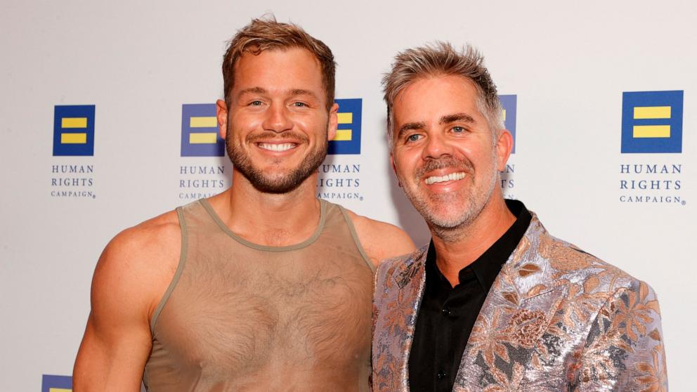 PHOTO: Former pro-football player Colton Underwood and his husband Jordan C. Brown arrive for Human Rights Campaign's 2024 dinner at the Fairmont Century Plaza in Los Angeles, March 23, 2024. 