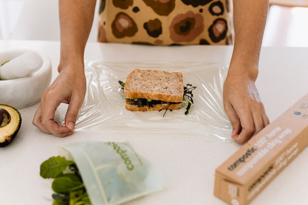 PHOTO: Compostable bags and wrappers being used in a kitchen.