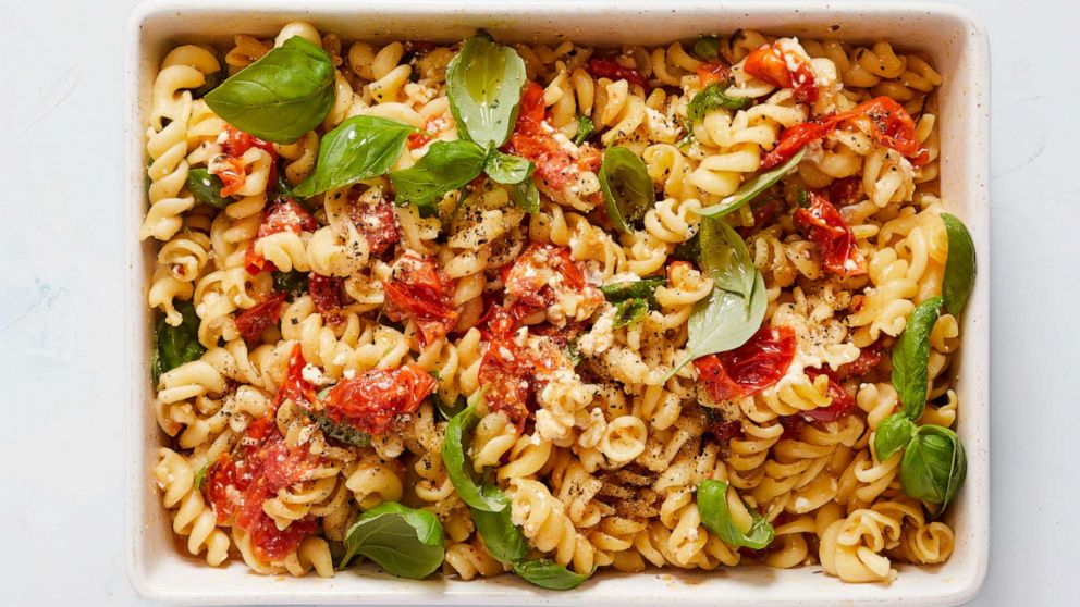 PHOTO: A one-pan pasta with roasted tomatoes, herbs and feta cheese.