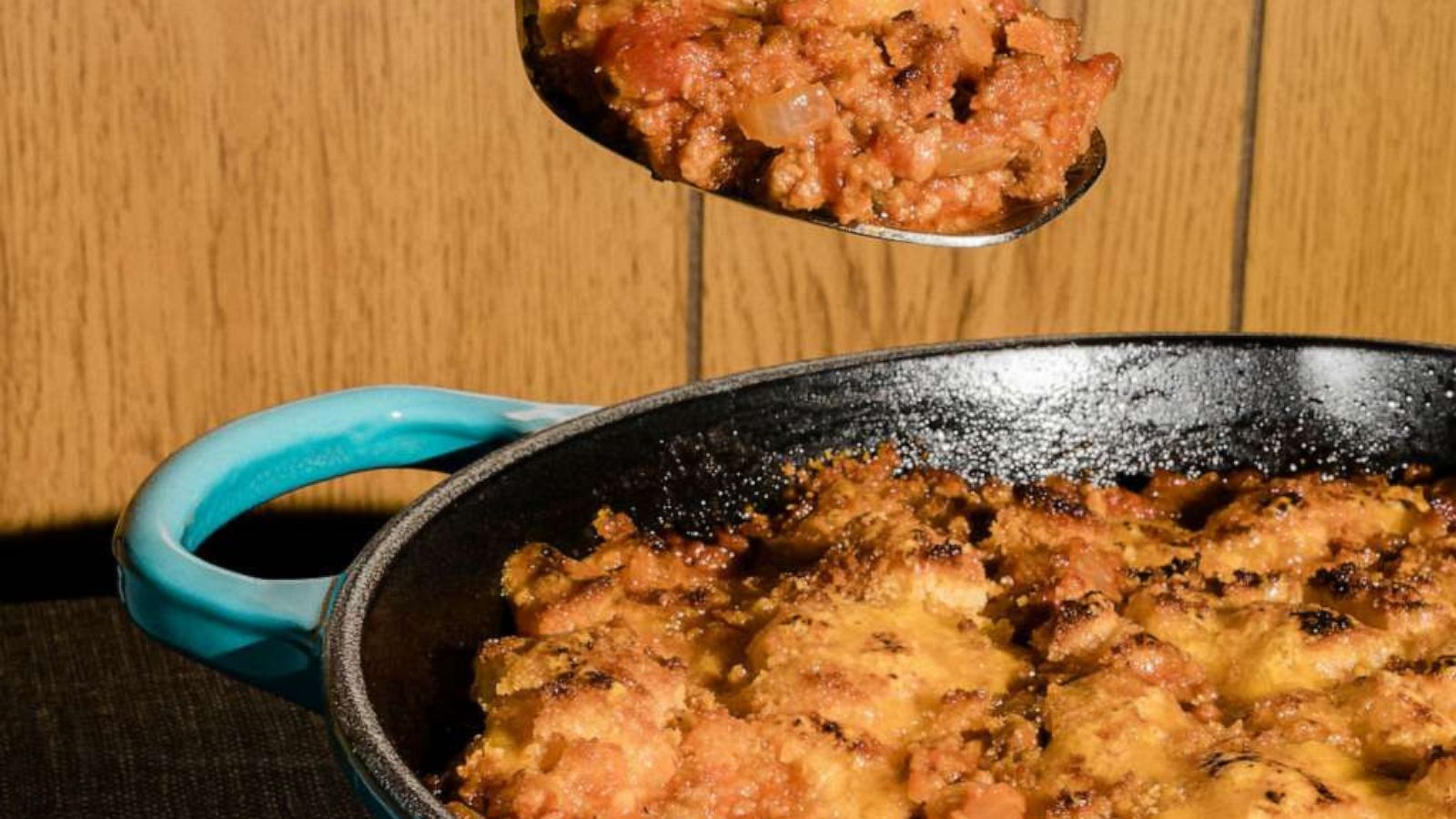 PHOTO: A spoonful of cornbread skillet sloppy joes.