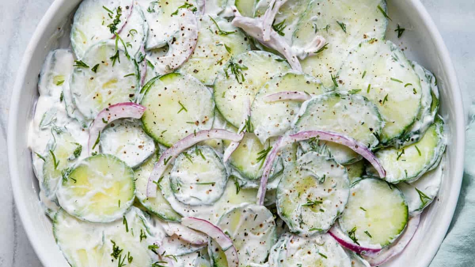 PHOTO: A bowl of creamy shaved cucumber salad.