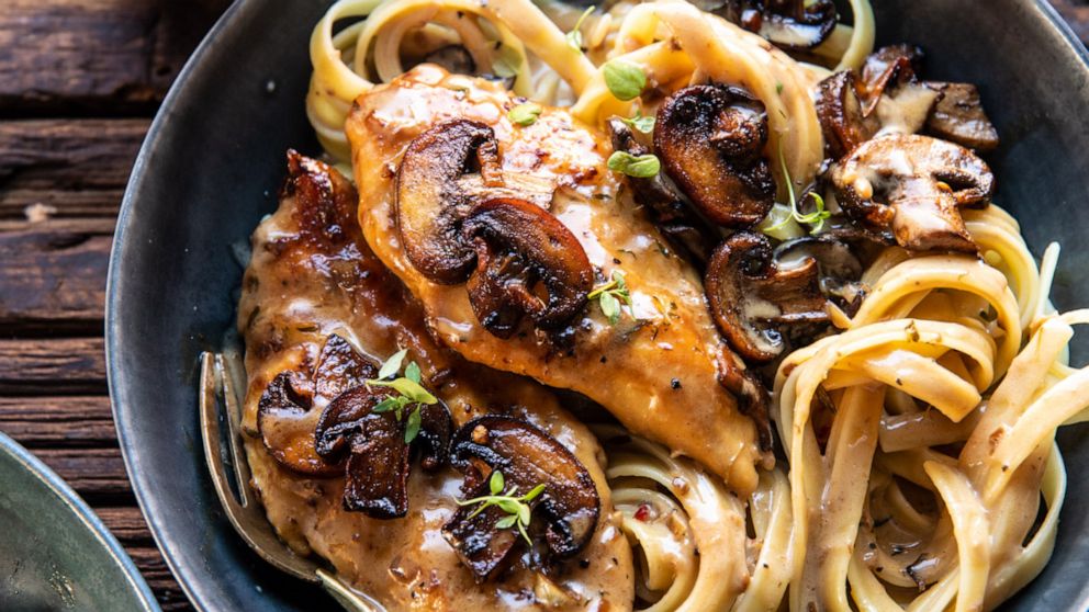 PHOTO: Creamy brown butter and mushroom chicken over pasta.