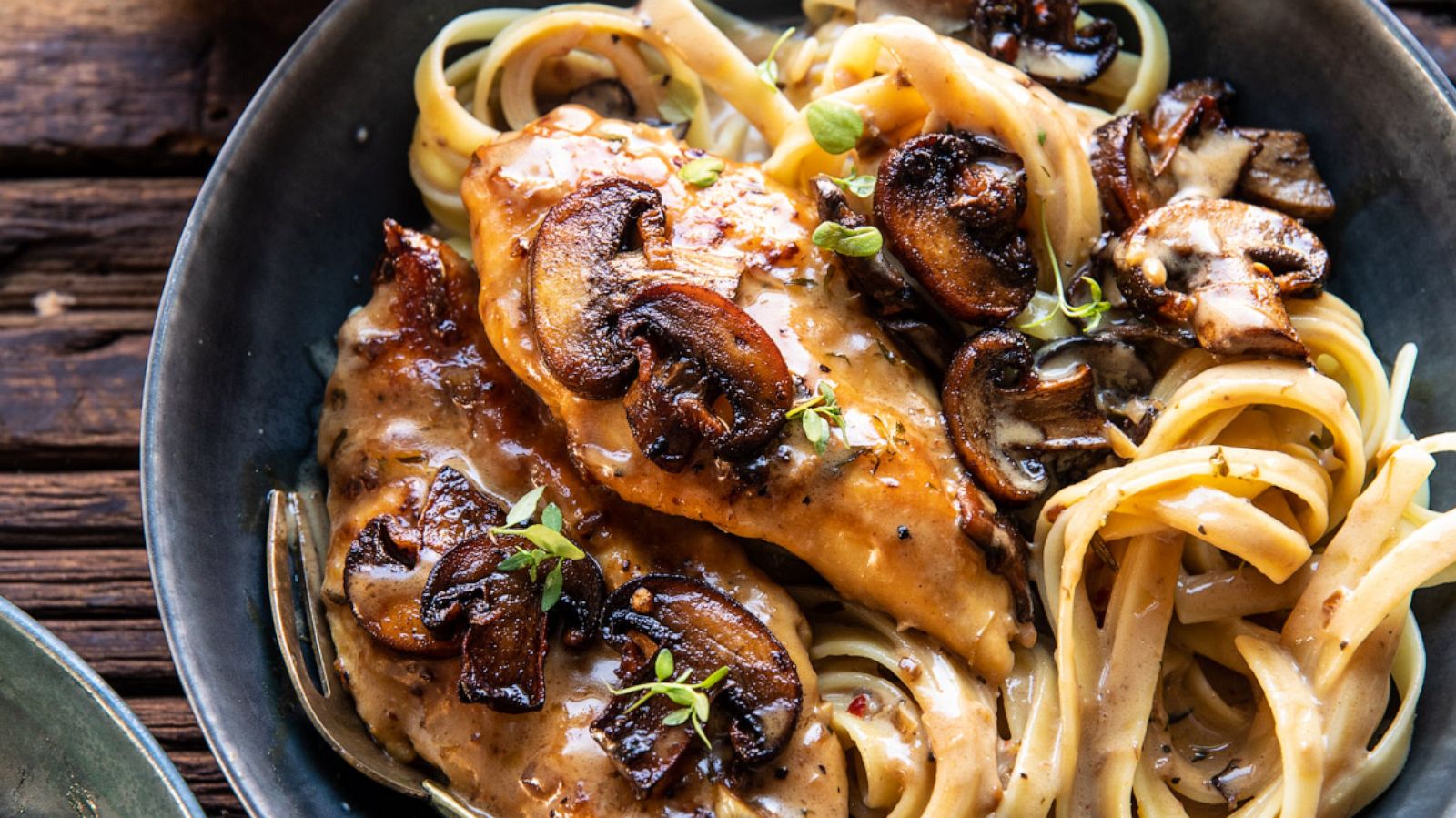 PHOTO: Creamy brown butter and mushroom chicken over pasta.