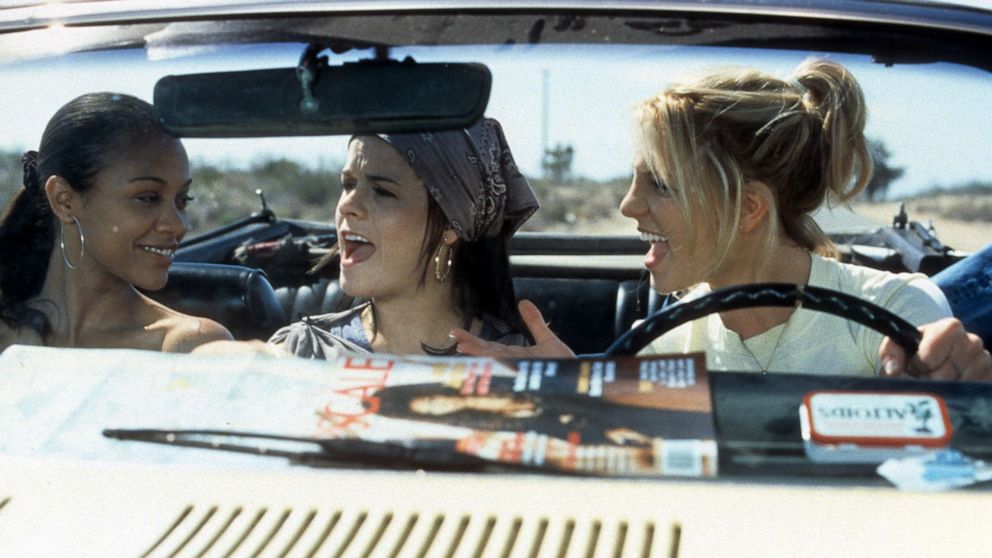 PHOTO: Zoe Saldana, Taryn Manning, and Britney Spears riding in car in a scene from the film "Crossroads," 2002.