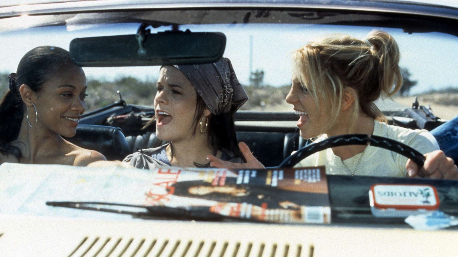 PHOTO: Zoe Saldana, Taryn Manning, and Britney Spears riding in car in a scene from the film "Crossroads," 2002.