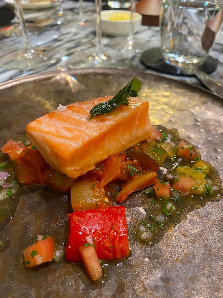 PHOTO: A roasted salmon dish served at the new Brasserie restaurant inside the Delta One Lounge at JFK.