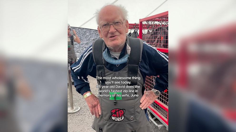 PHOTO: David Aris, 94, rode Zip World’s Velocity, billed as the world’s fastest zip line that takes riders flying through the air at speeds of up to and over 100 mph, in honor of his late wife June.