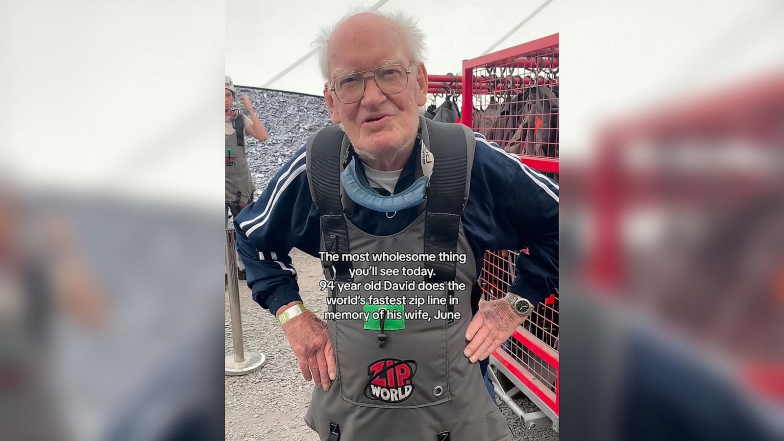 PHOTO: David Aris, 94, rode Zip World’s Velocity, billed as the world’s fastest zip line that takes riders flying through the air at speeds of up to and over 100 mph, in honor of his late wife June.