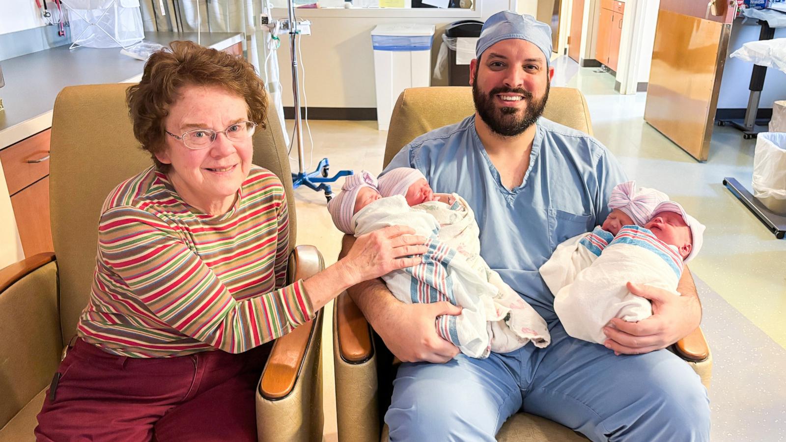 PHOTO: Dr. David Vincent Ream II poses for a photo with two sets of twins he delivered on April 8 at Westmoreland Hospital in Greensburg, PA. Beside him is Dr. Beth Maxwell, who delivered him as a baby 34 years ago.
