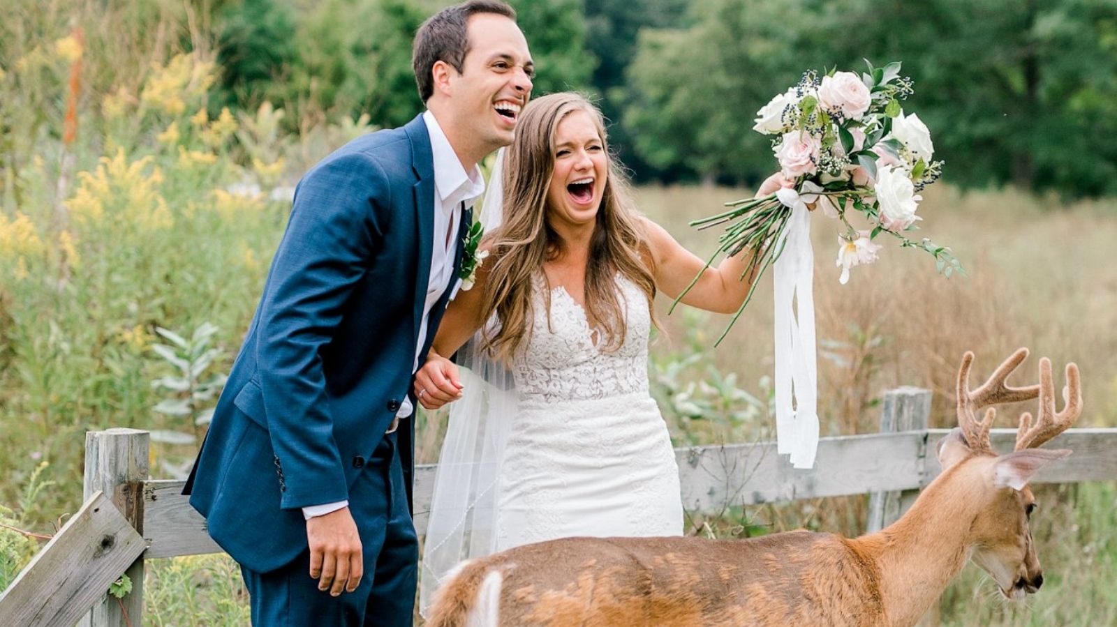 PHOTO: Morgan and Luke Mackley were surprised by a deer while their wedding photos were being taken.