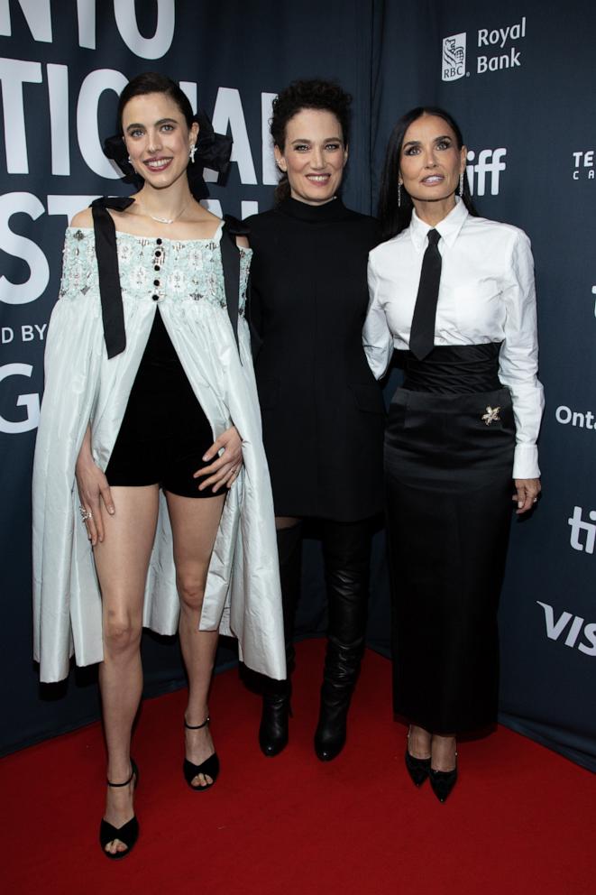 PHOTO: Margaret Qualley, Coralie Fargeat and Demi Moore attend the premiere of "The Substance" during the 2024 Toronto International Film Festival at Royal Alexandra Theatre on Sept. 5, 2024 in Toronto.